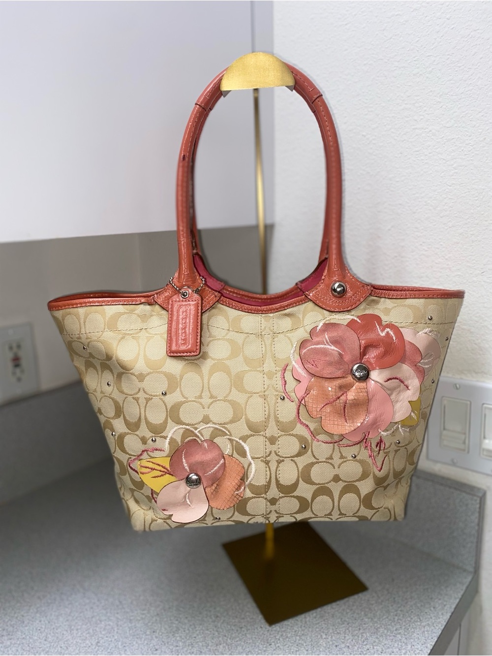 Coach Bleeker Signature Floral Tote Pink Trim Daisy Flower Applique 3 Piece Set - Picture 2 of 15